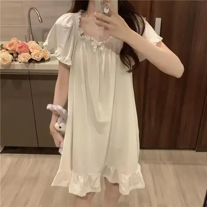 Chemise de nuit blanche mi-longue pour femmes, vêtements de nuit sexy d'été, pyjama, nouveaux vêtements de maison, robe de nuit pour dormir