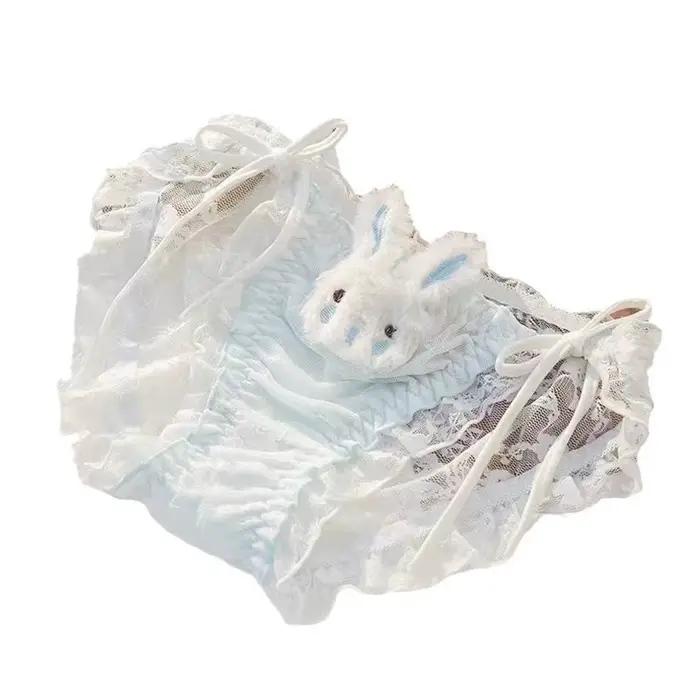 Culottes ajourées style 'Rabbit' pour femme, taille basse, à lacets, avec entrejambe en coton et volants en résille