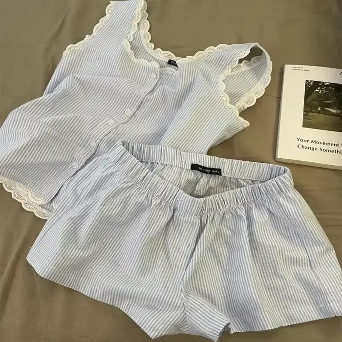 Pyjama rayé pour femmes, vêtements de nuit pour enfants, ensemble 2 pièces en dentelle, vêtements de nuit, débardeur coréen, costume de maison, nouvelle collection 2025