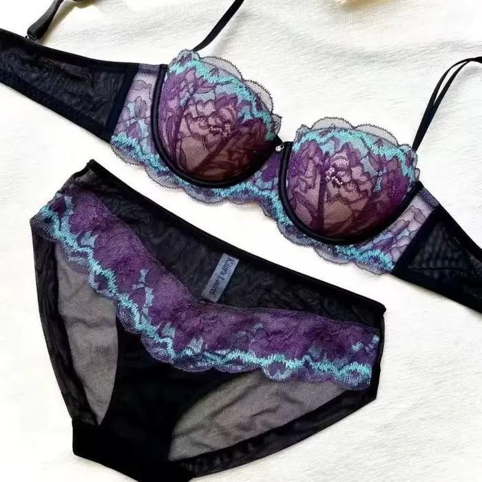 Nouvel ensemble soutien-gorge et culotte en dentelle violette léger pour femme, effet minimisant, design push-up avec armatures souples et maintien anti-affaissement