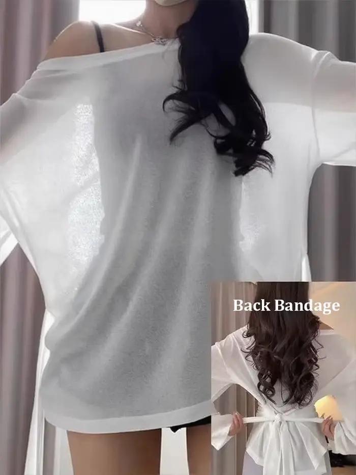 Priesvitné nadrozmerné tričko s dlhým rukávom pre ženy Sexy odhalené ramená základný top