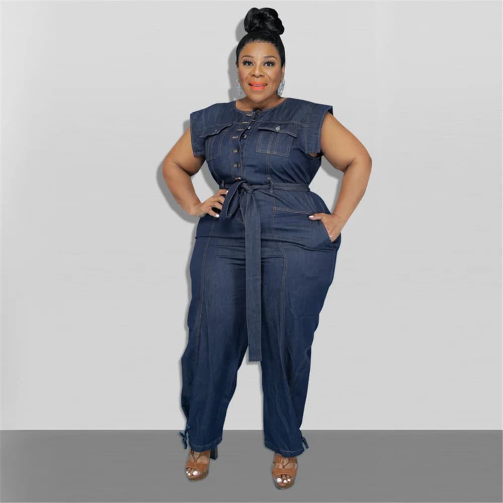 Combinaison en denim à col rond pour femmes, vêtements grande taille, costume de batterie commandé,