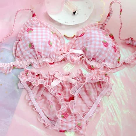 Lolita — Ensemble soutien-gorge et culotte imprimé fraise, lingerie pour filles japonaises