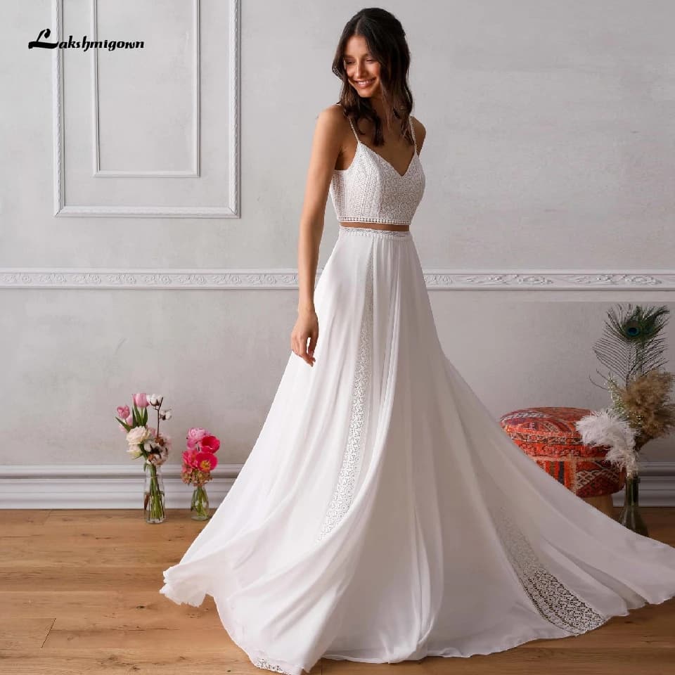 Robe de mariée deux pièces en dentelle personnalisée, robes de mariée de plage, réception de patient