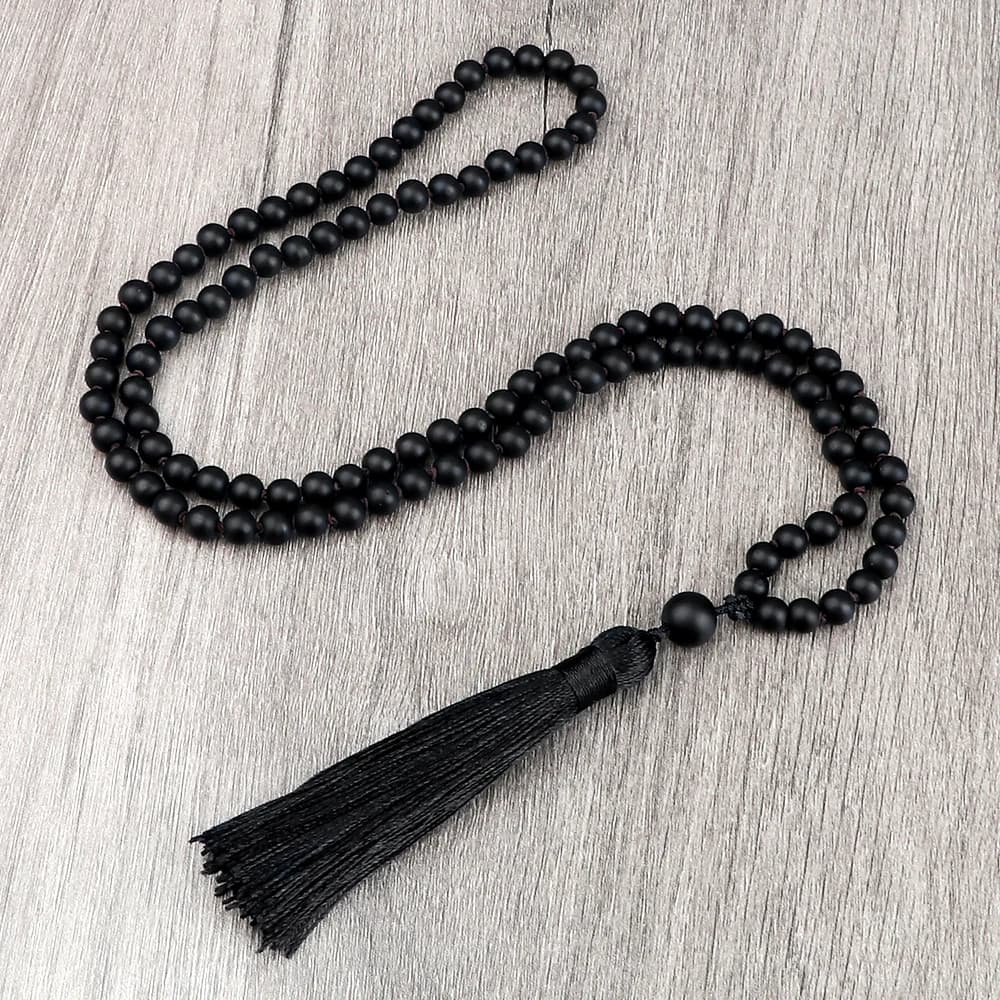 Colliers en pierre d'onyx noir, 6/8mm, brillant et mat, perles nouées, pour femmes et hommes, Yoga,