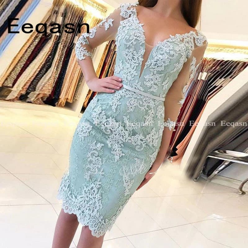 Robe de cocktail aux genoux pour femmes, tenue de soirée blanche, à manches 3/4, avec des appliques