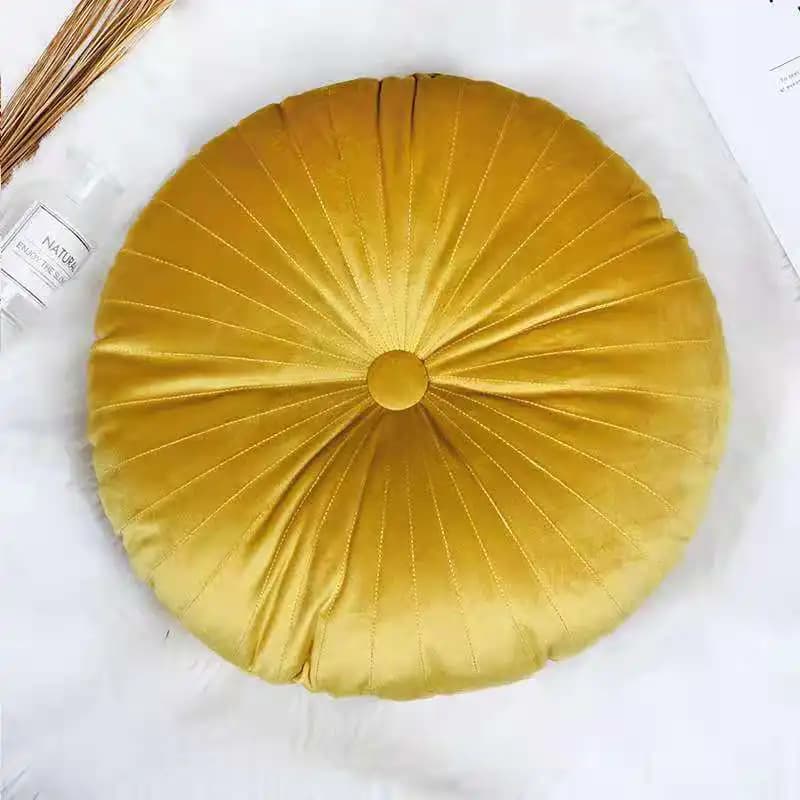 Coussin décoratif plissé artisanal en velours rond en forme de citrouille pour salon, chaise, canapé
