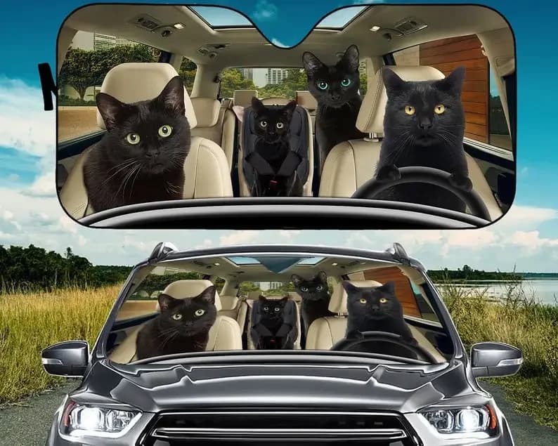 Pare-soleil de voiture de famille de chat noir, pare-brise automatique, accessoires de voiture, amou