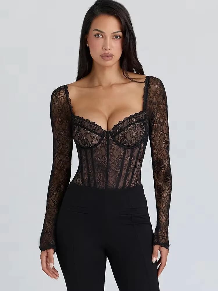 JULISSA MO Sexy col carré pure dentelle fermeture éclair femmes body à manches longues imprimé fleur