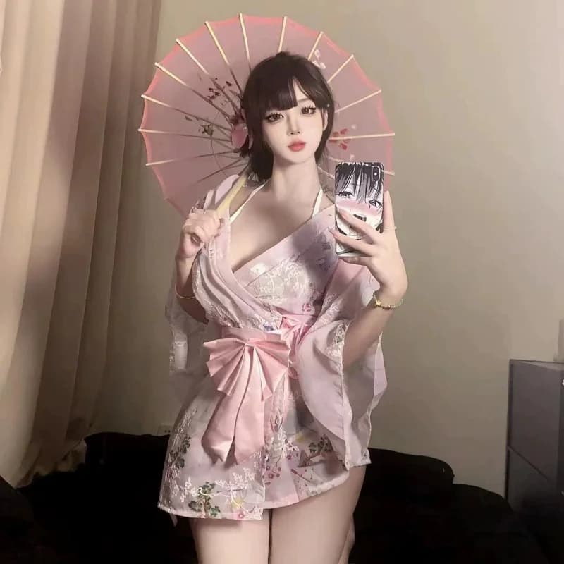 Nouvelle Robe de Nuit Kimono en Chiffon Imprimée et Brodé, Col en V Profond, Nœud Papillon, Séduisan