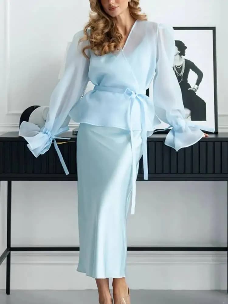 Ensemble deux pièces LGRQ pour femme : chemise à manches longues col en V et robe ajustée en satin c