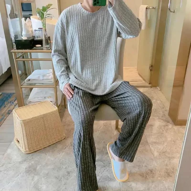 Pantalon chaud brossé à manches longues, vêtements de maison, pyjama deux pièces pour hommes, automn