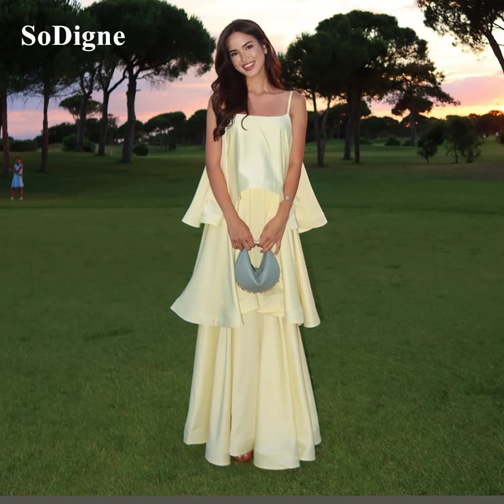 SoDigne Robes de soirée simples en satin, bretelles spaghetti, sans manches, robe de soirée à volant