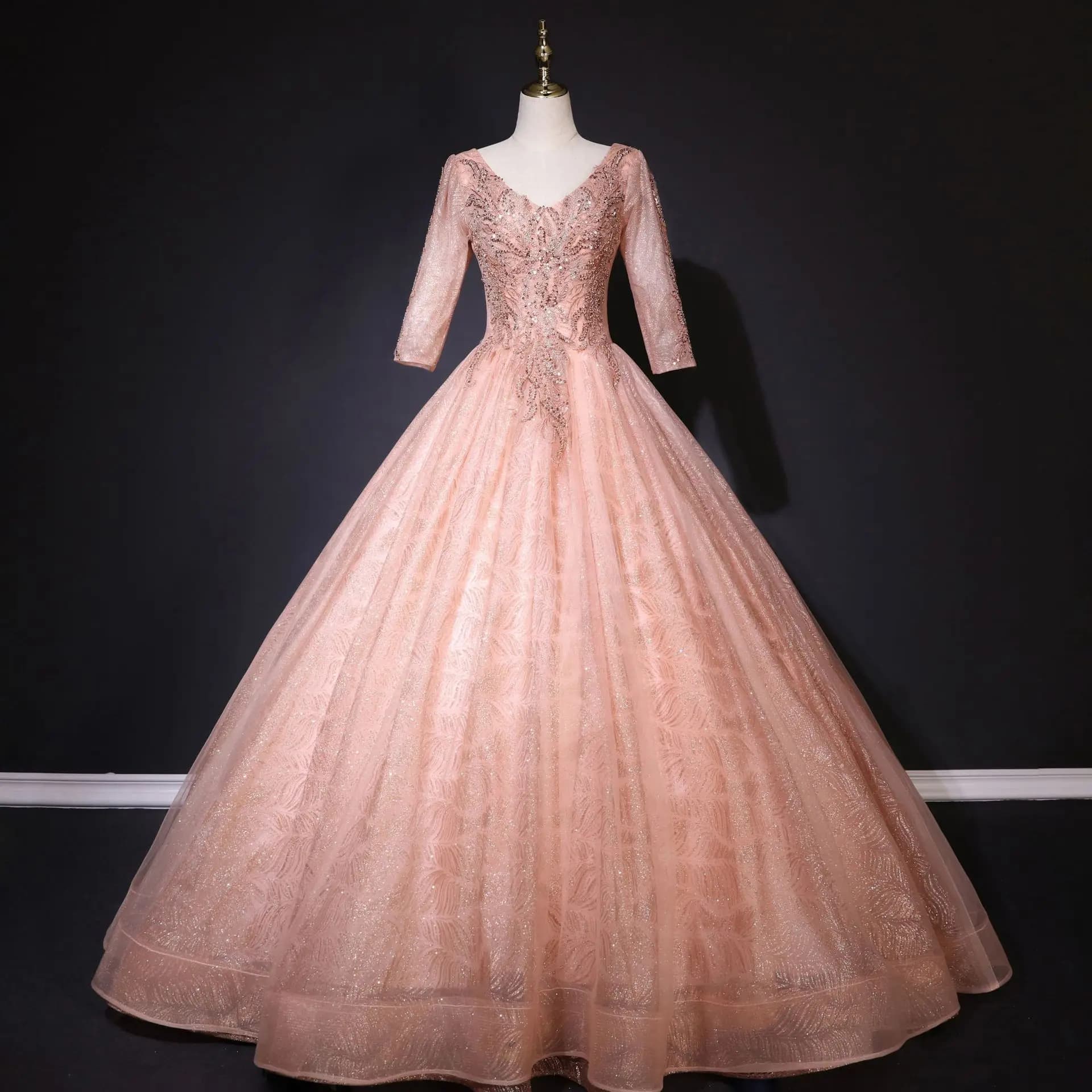 Robe de soirée de mariage à col en v, jupe bouffante française à manches longues, pour spectacle de