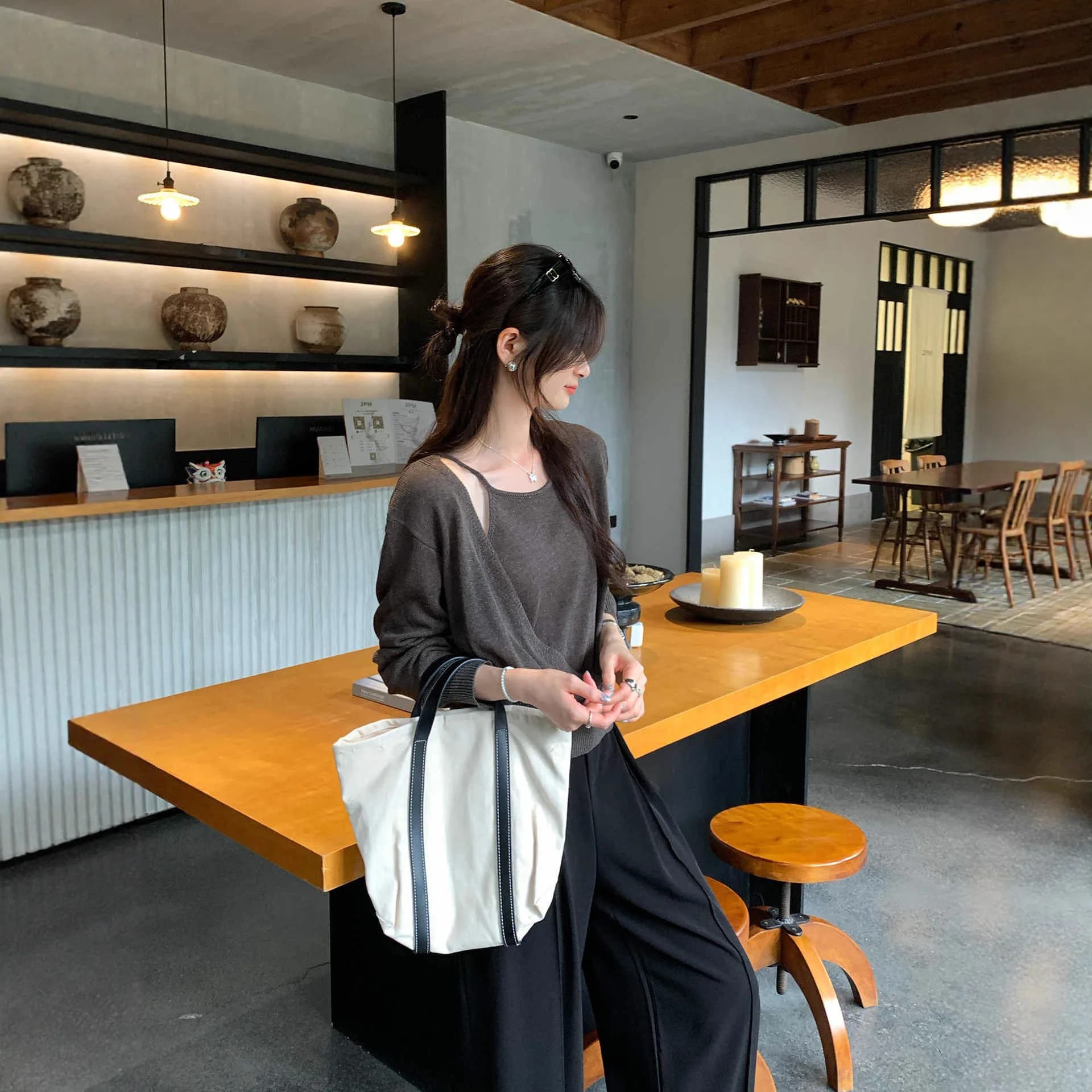 Haut tricoté à manches longues pour femmes, beau, Design ample, faux deux pièces, à la mode, élégant