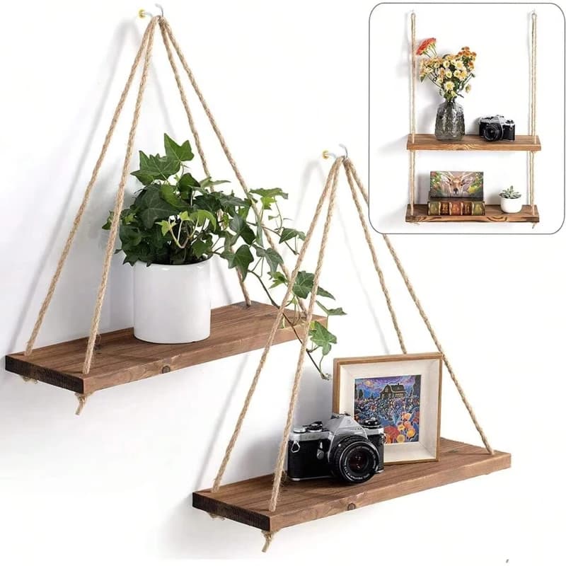 Balançoire en bois suspendue en corde de chanvre, étagère murale flottante montée pour la maison, sa