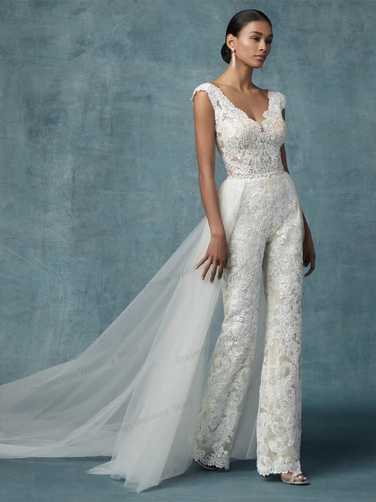 Combinaison dos nu avec poignées pour femmes, robes de mariée, train amovible, pantalon de mariée, d