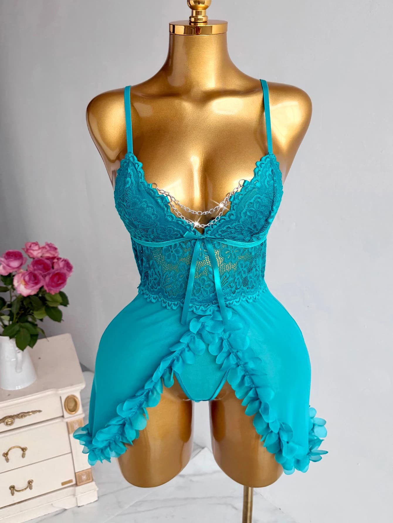 Nouvel ensemble de lingerie babydoll en dentelle bleue pour femme 2026 - Chemise de nuit à bretelles