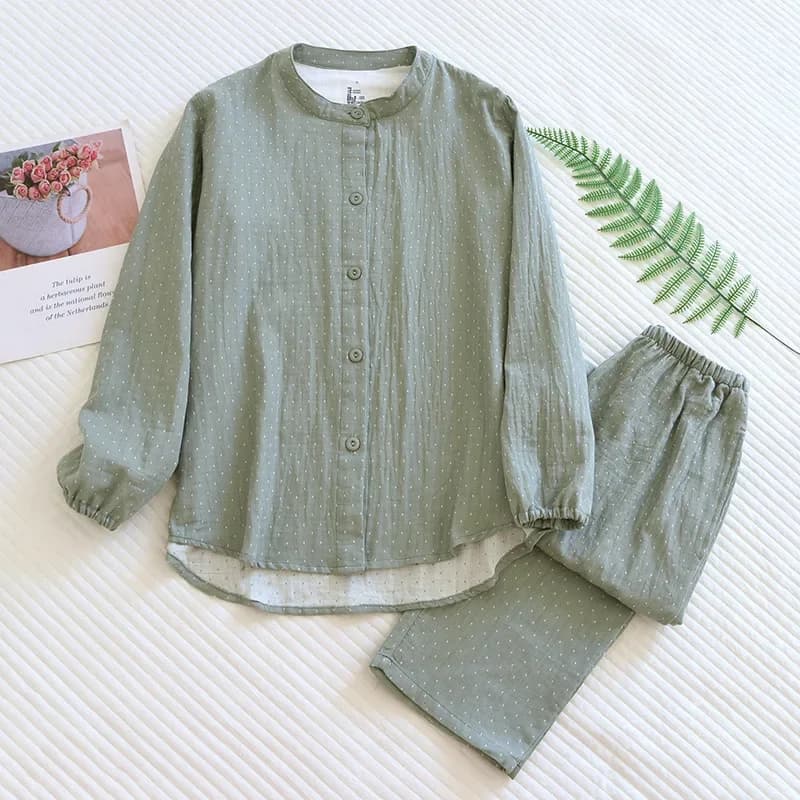 Pyjama en gaze de coton teint à pois pour femmes, ensemble de nuit Simple et décontracté à manches l