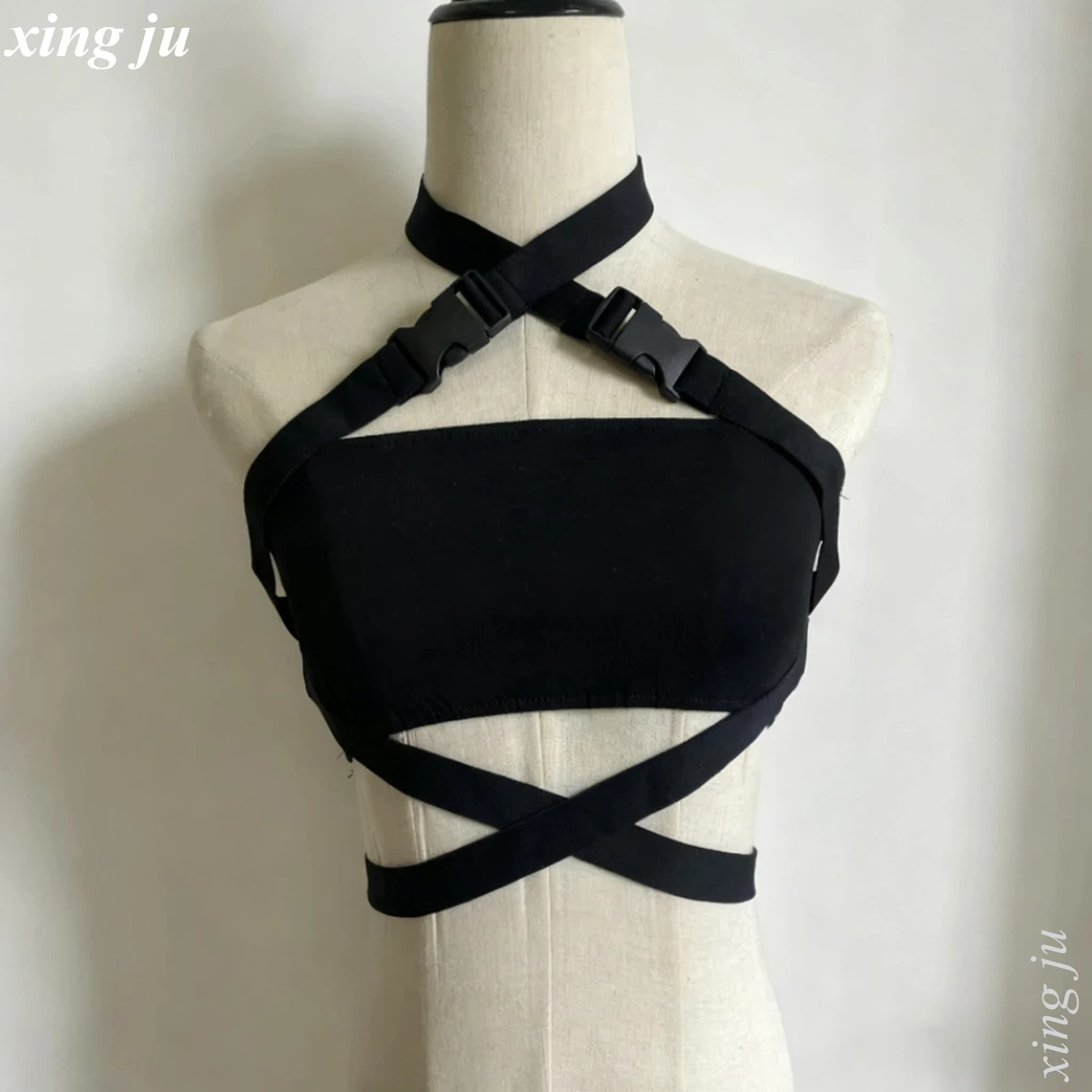 Xing Ju femmes noir croix à lacets hauts Jazz danse Costumes chanteur discothèque fille gilet serré