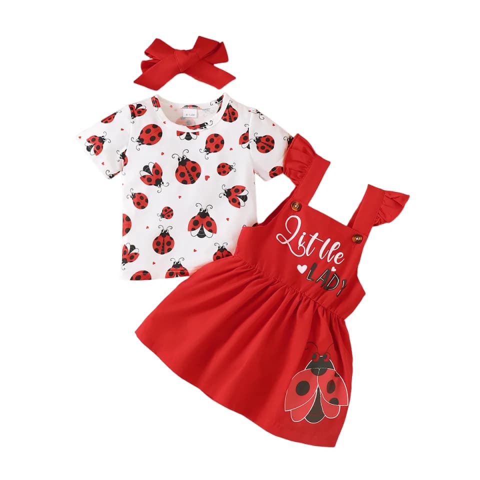 Ensemble de tenue imprimé coccinelle pour bébé fille, 3 pièces, T-Shirt à manches courtes + jupe à b