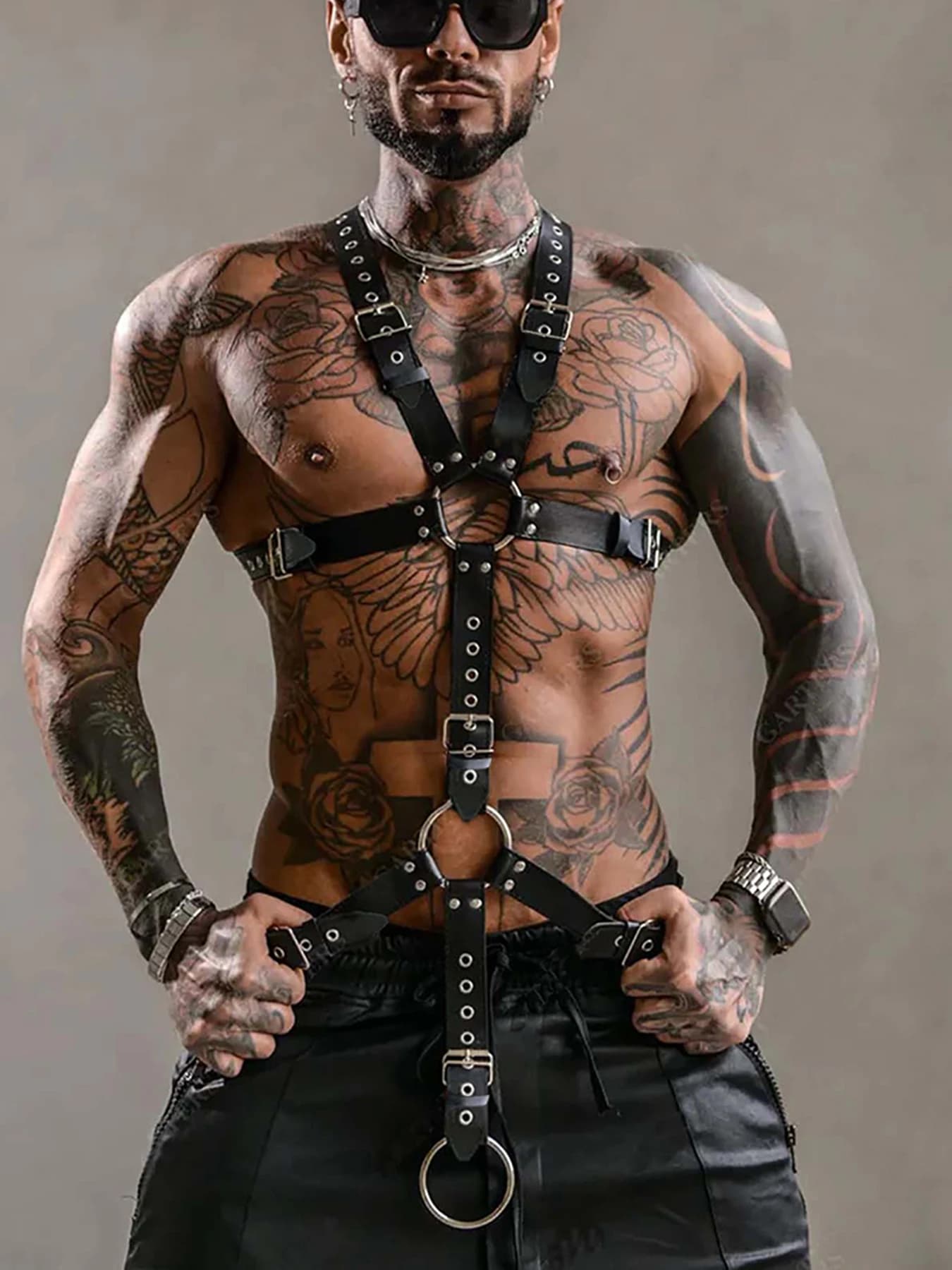 Harnais en cuir réglable pour homme, style Goth Punk, ceinture de poitrine à lanières avec anneau en