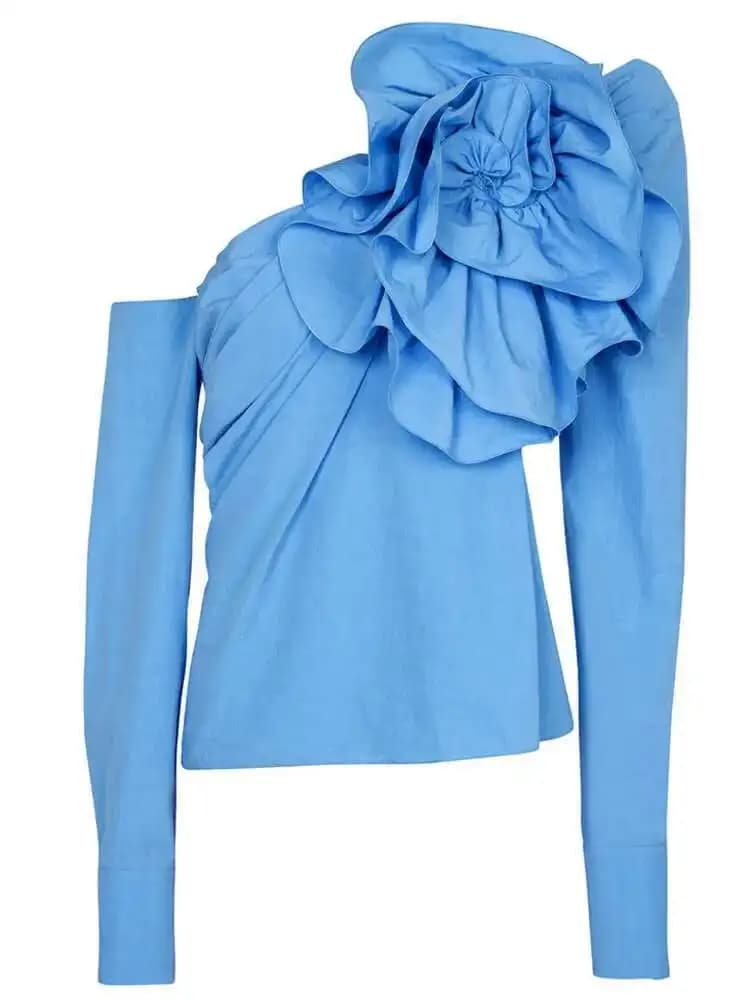LANMREM-Chemisier bleu fleuri à manches longues pour femme, haut de créateur irrégulier, vêtements d
