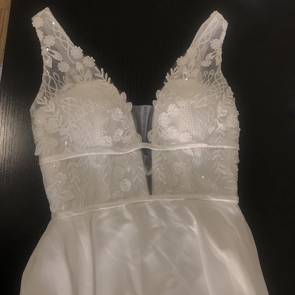 Mryarce décolleté plongeant fleur 3D dentelle dos ouvert en mousseline de soie une ligne robe de mar