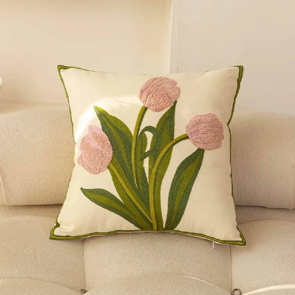 Housse de coussin en pur coton brodé tulipe, taie d'oreiller de printemps, pour Patio extérieur, déc