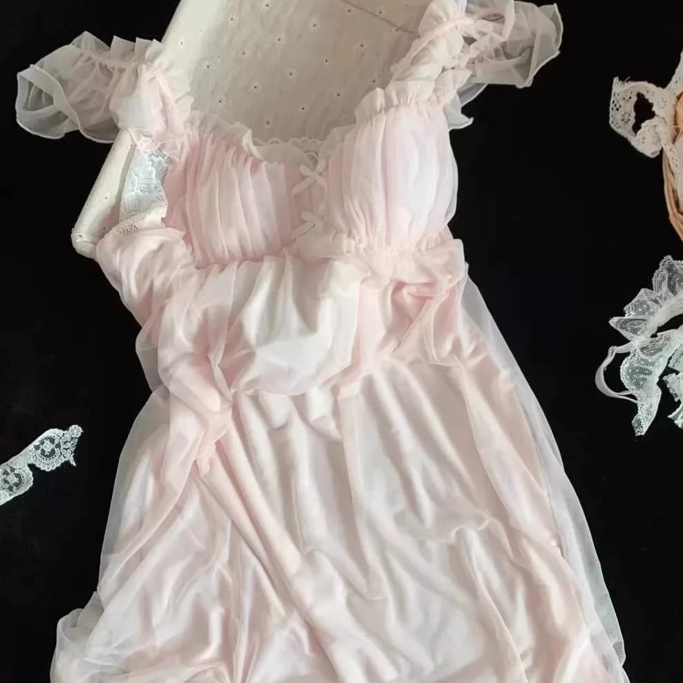 Chemise de nuit féerique style palais rétro pour femme, pyjama d'été mignon en dentelle, long ou à m