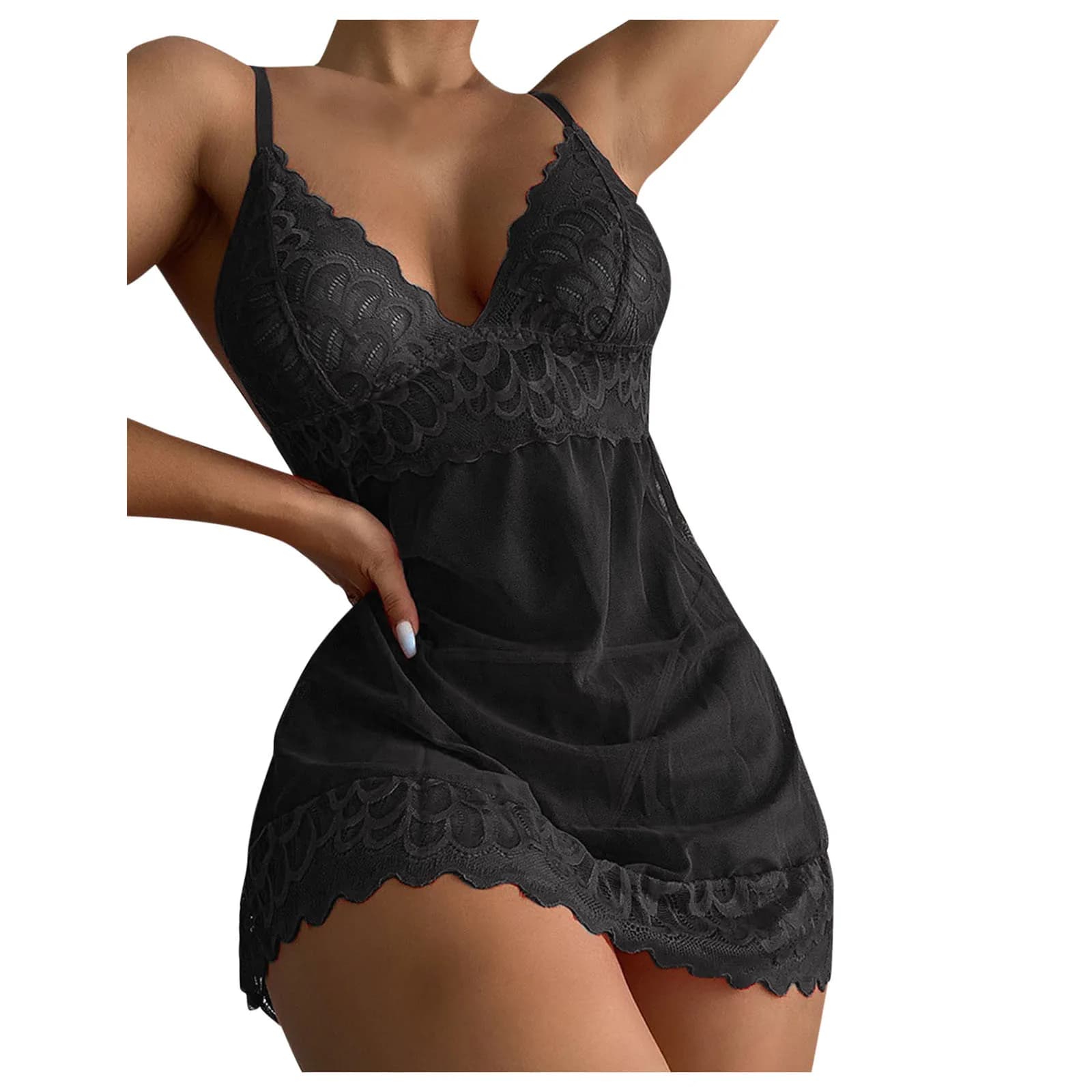Ensemble de lingerie rouge en dentelle pour femme, nuisette transparente à col en V profond et strin