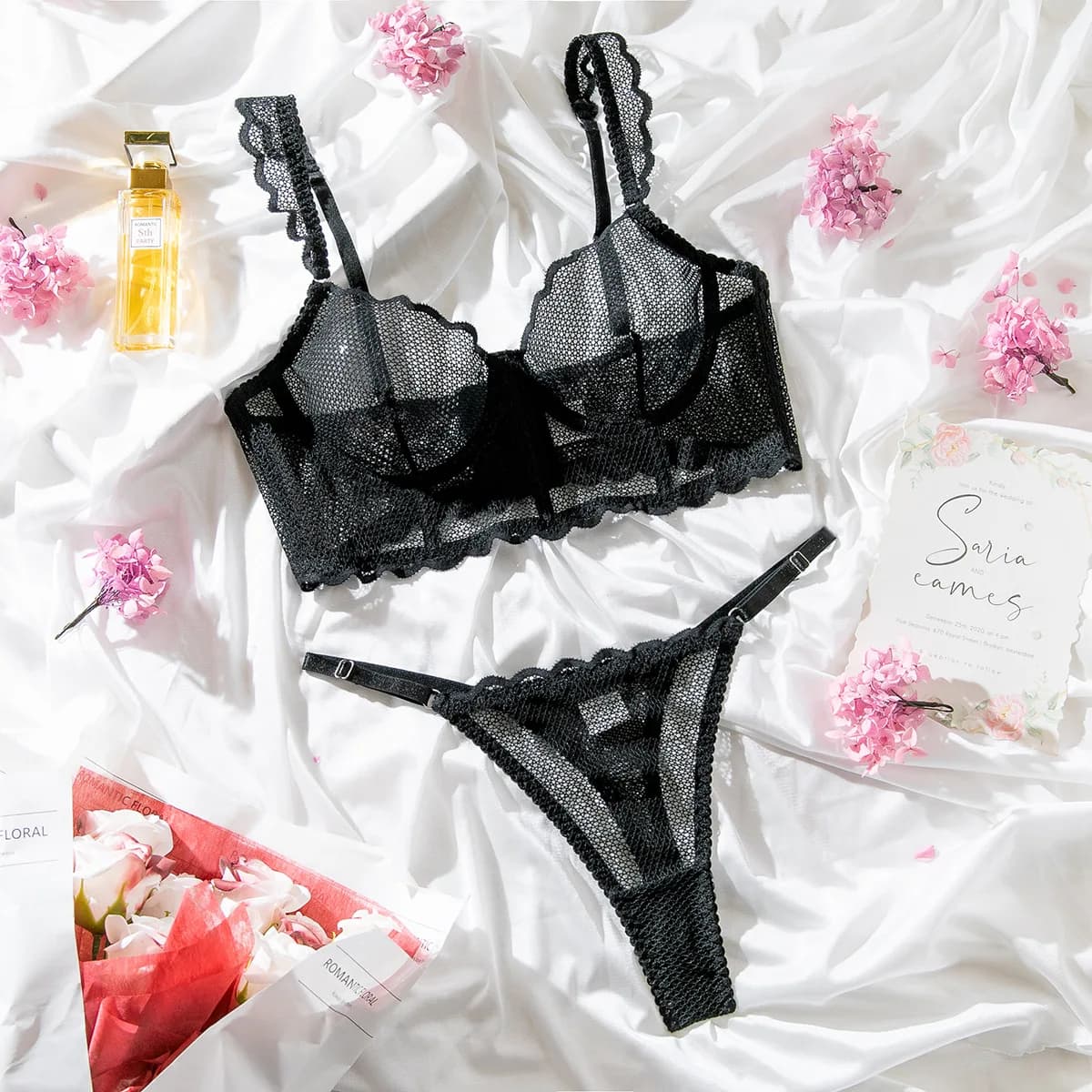 Ensemble de lingerie sexy française 2 pièces : Camisole ajourée en maille à motif arêtes de poisson