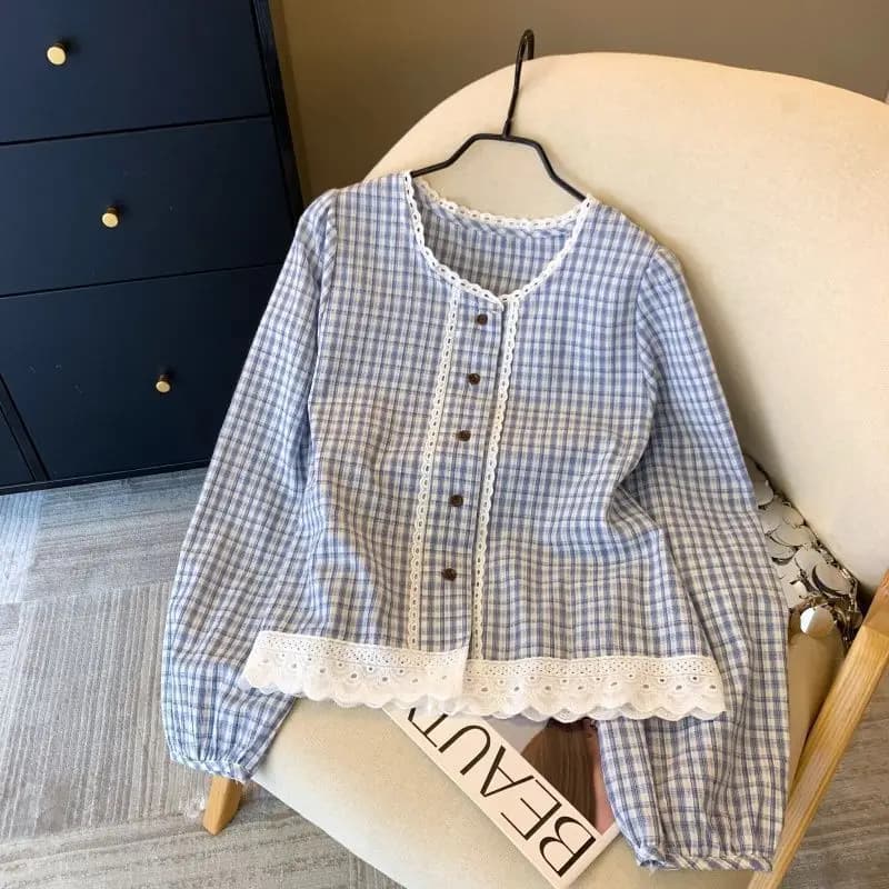 Chemisier bleu à carreaux pour femme avec dentelle, chemise boutonnée à manches longues et col rond,