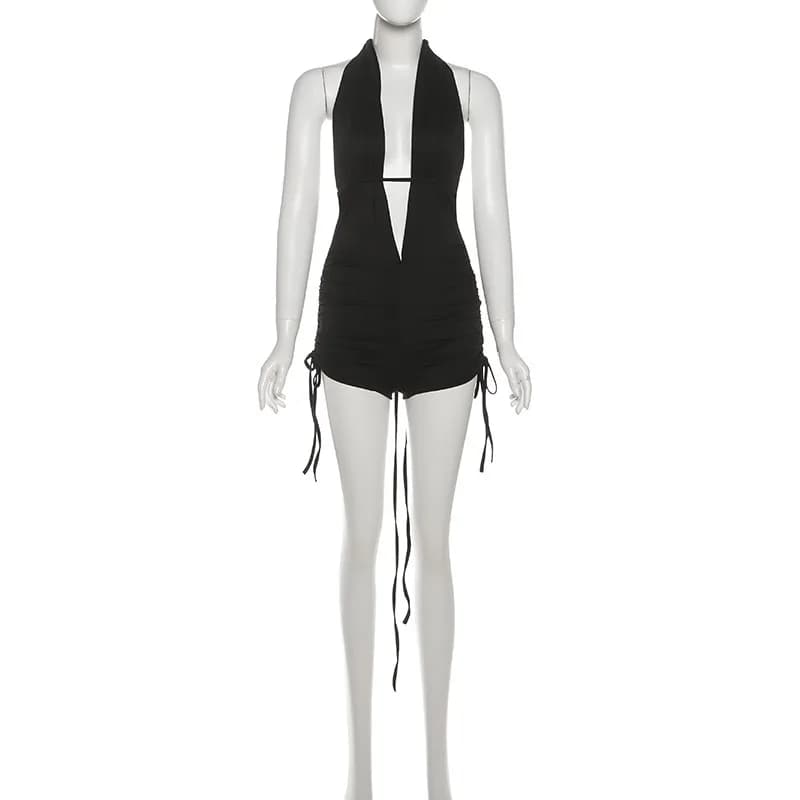 SylCue Sexy mode body femme licou col ouvert décolleté sans manches froncé maigre Stretch haute rue
