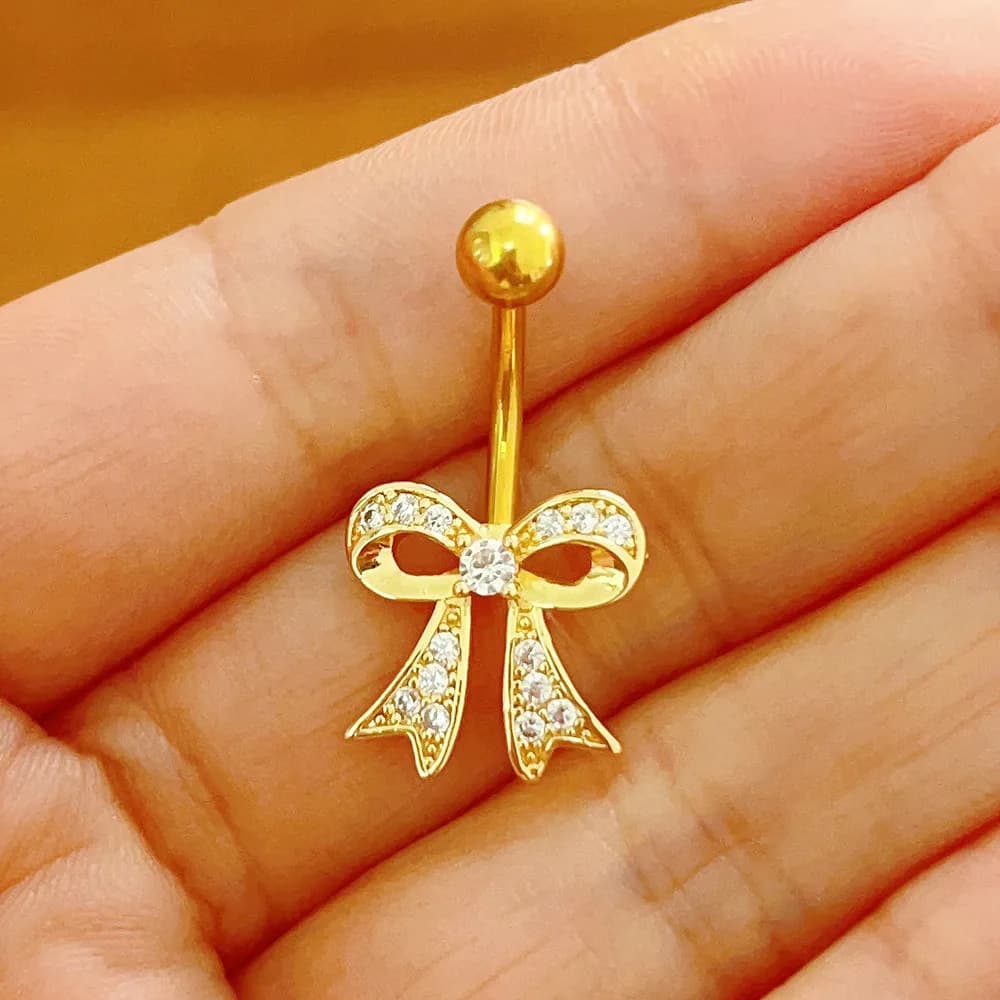 Anneaux de nombril à nœud papillon pour femmes, couleur argent or, Sexy, Bikini, fête, Zircon blanc,