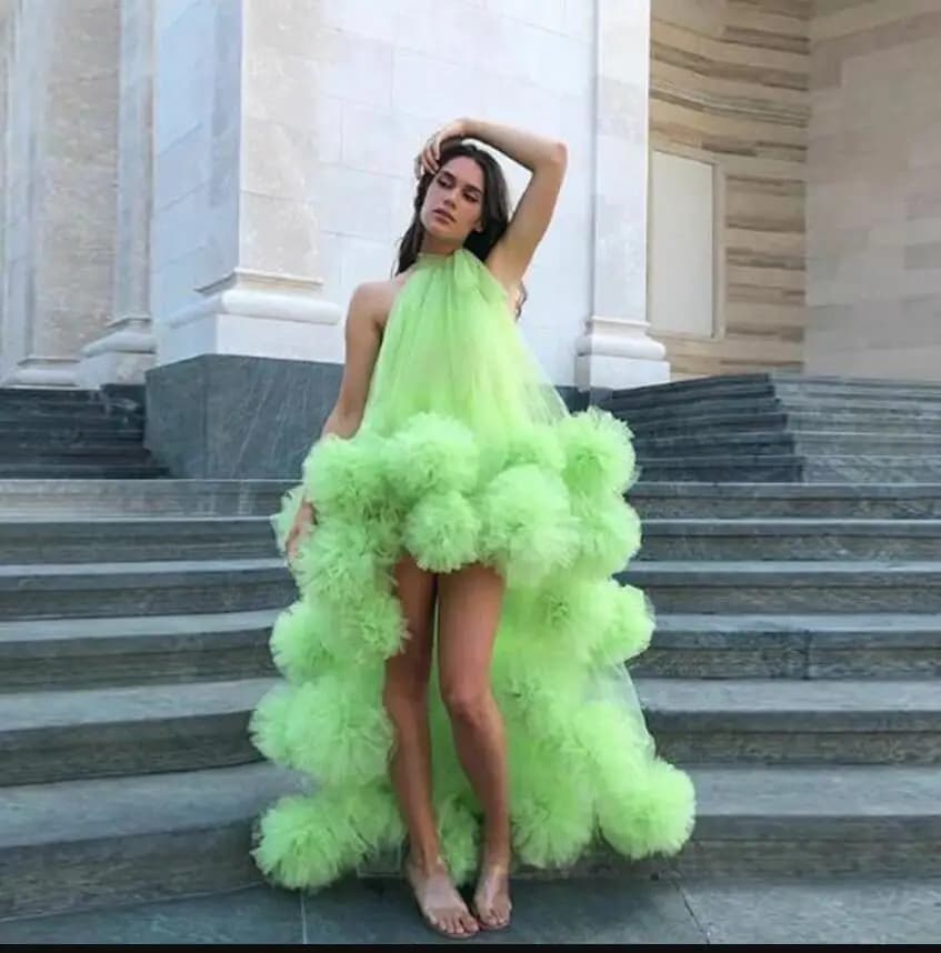Robe de Soirée Longue Vert Néon Sexy, Élégante, en Tulle à Volants, Style Hi-Lo, Col Halter, pour So