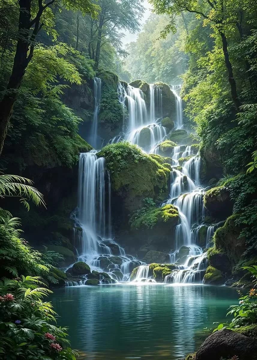 Peinture sur toile de paysage naturel avec cascade spectaculaire, affiches de forêt avec arbres vert