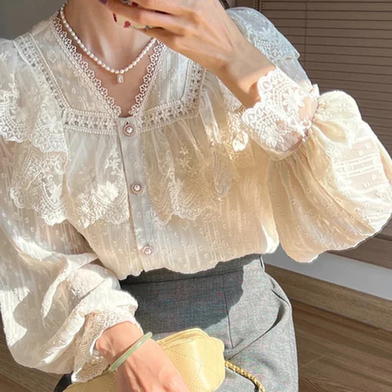 Chemisier à volants en dentelle à manches longues pour femmes, chemises vintage françaises, élégante