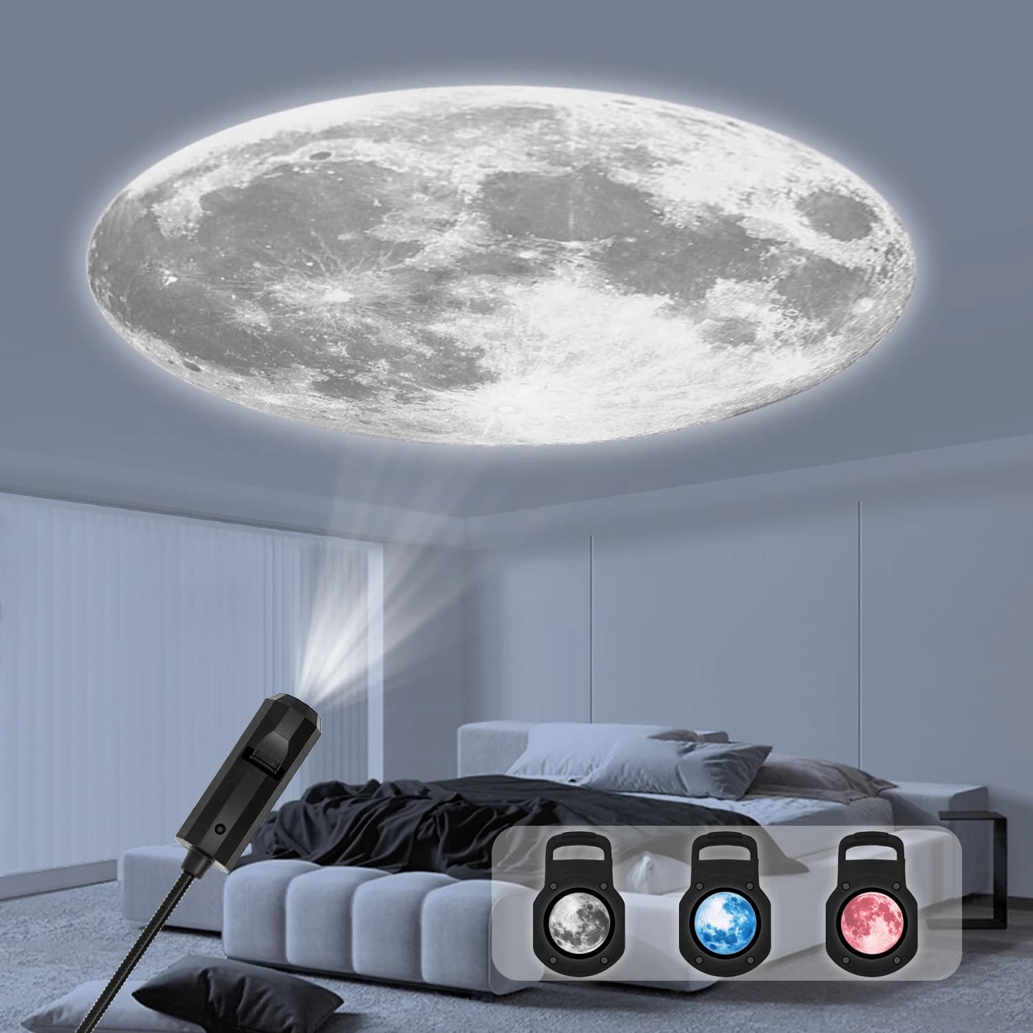 Lumière d'ambiance variable en forme de lune tricolore, lumière de projection de ciel étoilé LED, lu