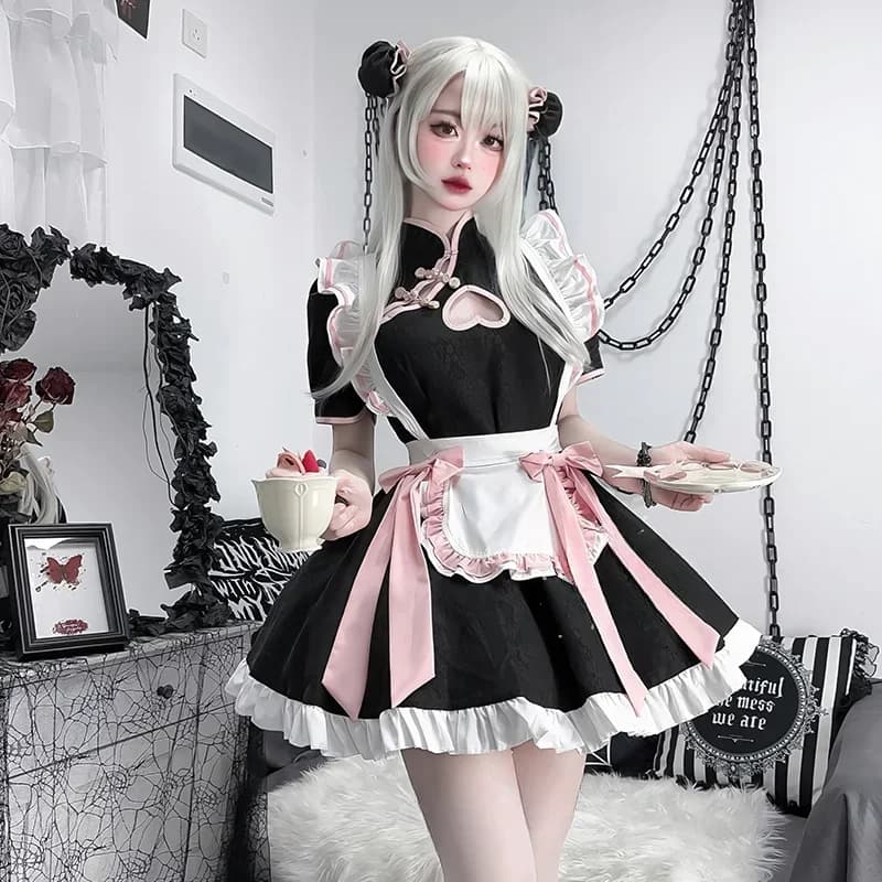 Robe de demoiselle d'honneur pour femme, tenue à volants noire et rose avec tablier blanc pour jeux