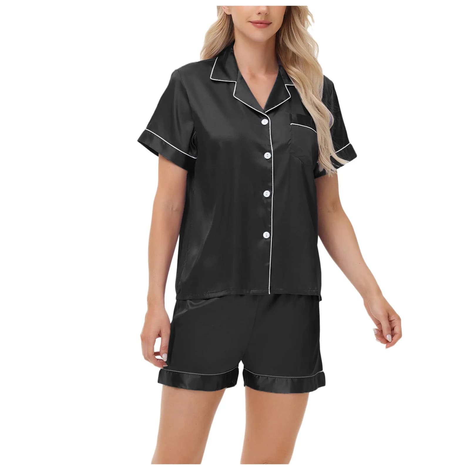 Ensemble de pyjamas pour femmes, vêtements de nuit en satin, hauts boutonnés et shorts, pyjama 2 piè