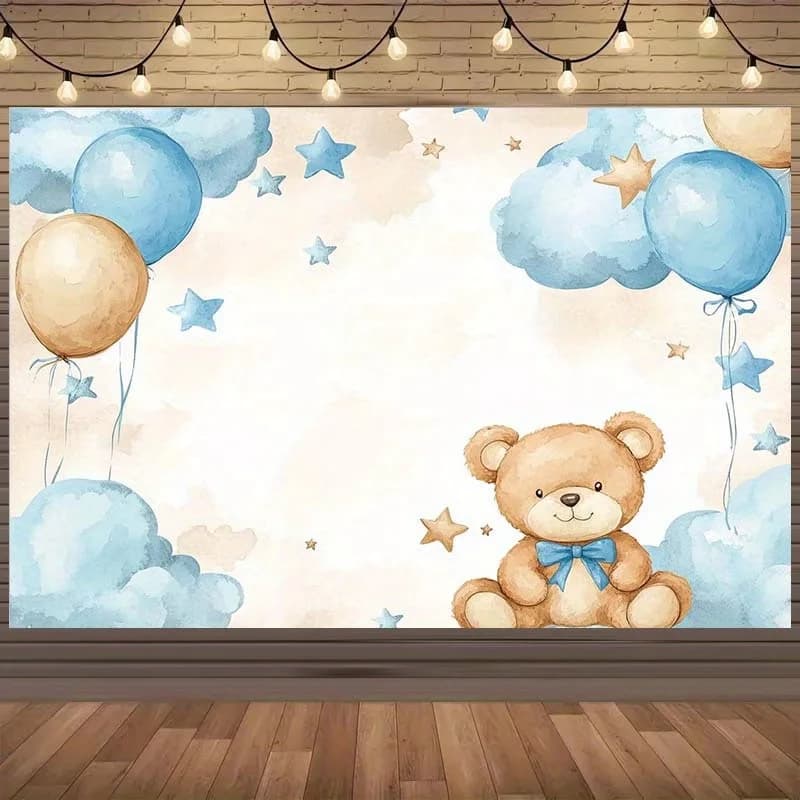Fond sur le thème de l'ours en peluche avec ballons, étoiles et nuages - adapté aux fêtes d'annivers