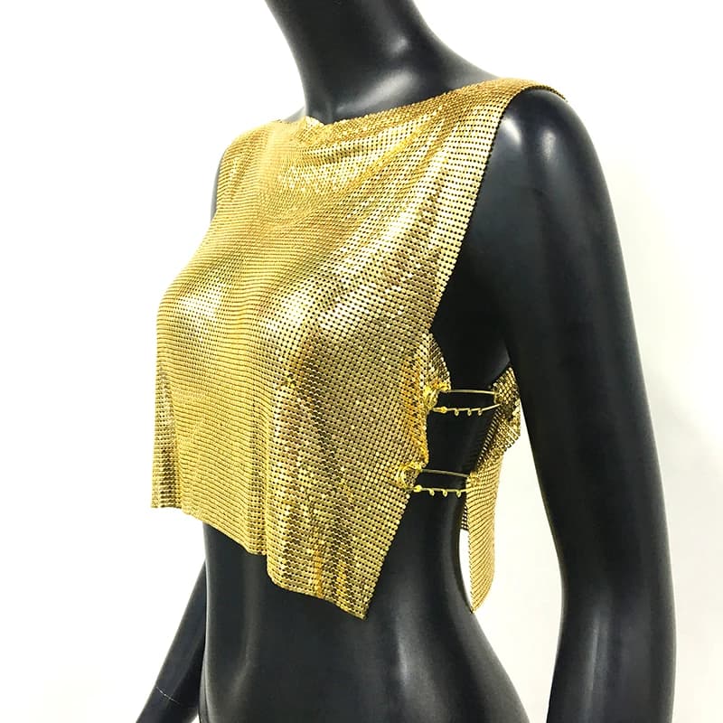 Haut court à col rond pour femme, camisole de boîte de nuit, haut sexy, paillettes métalliques, fibr