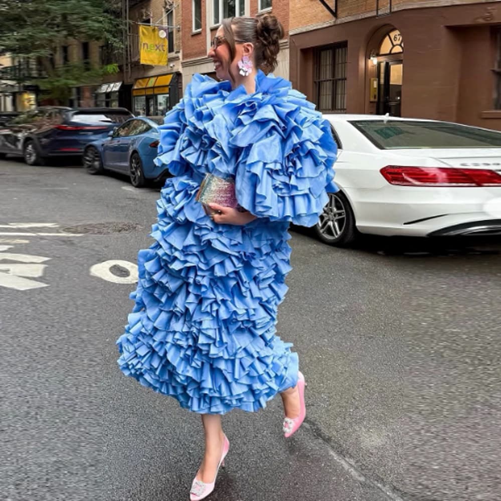 Robe midi bleu vif à volants 3D, col montant, manches courtes, franges superposées, pour soirée, coc