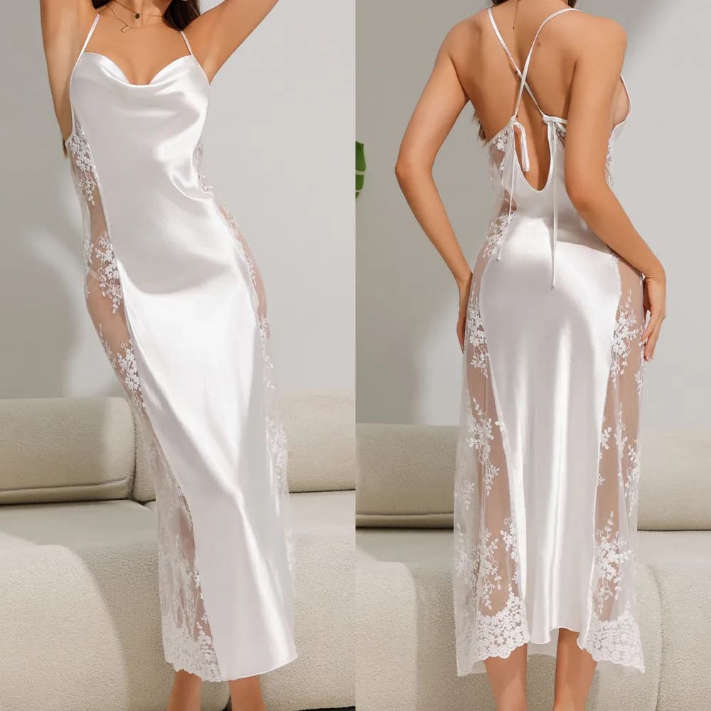 Chemise de nuit blanche pour femmes, vêtements de nuit Sexy en dentelle, Satin, Patchwork, bretelles