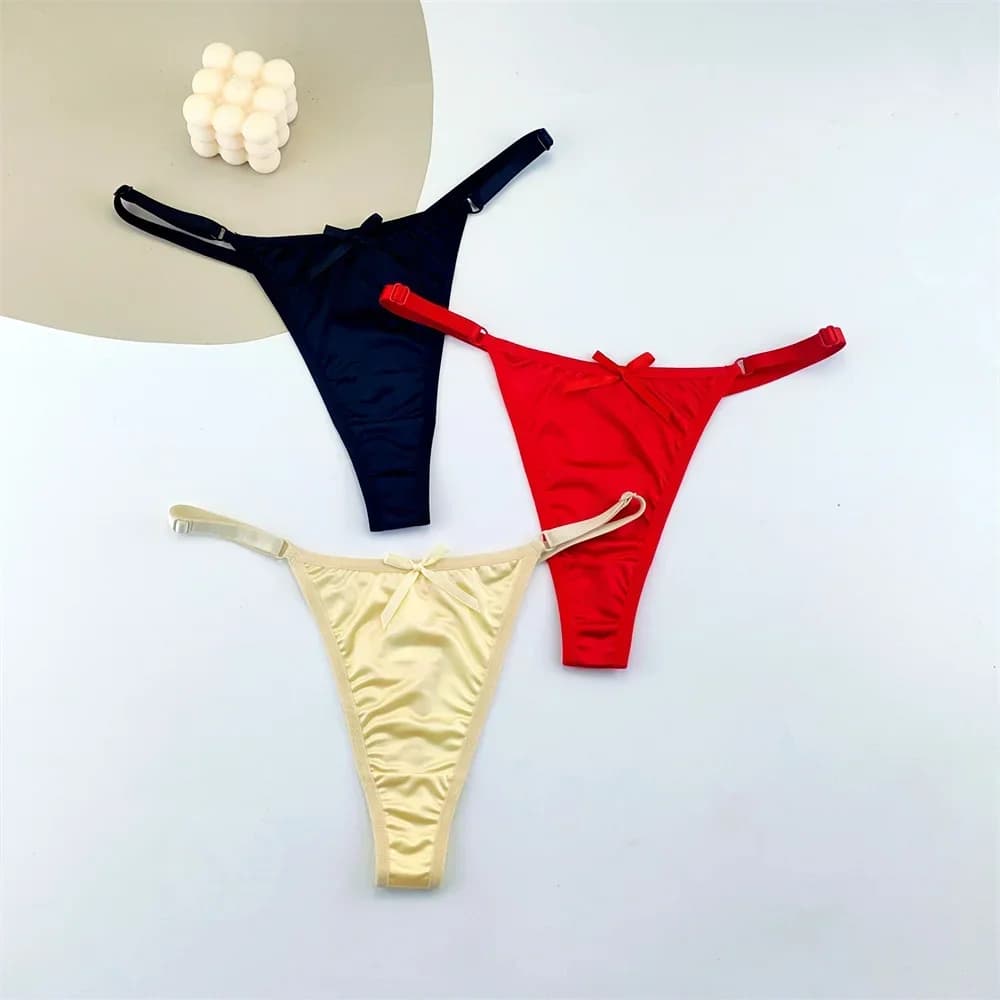 String en Satin réglable pour femmes, 3 pièces, sous-vêtements Sexy, taille basse, dos en T, fesses