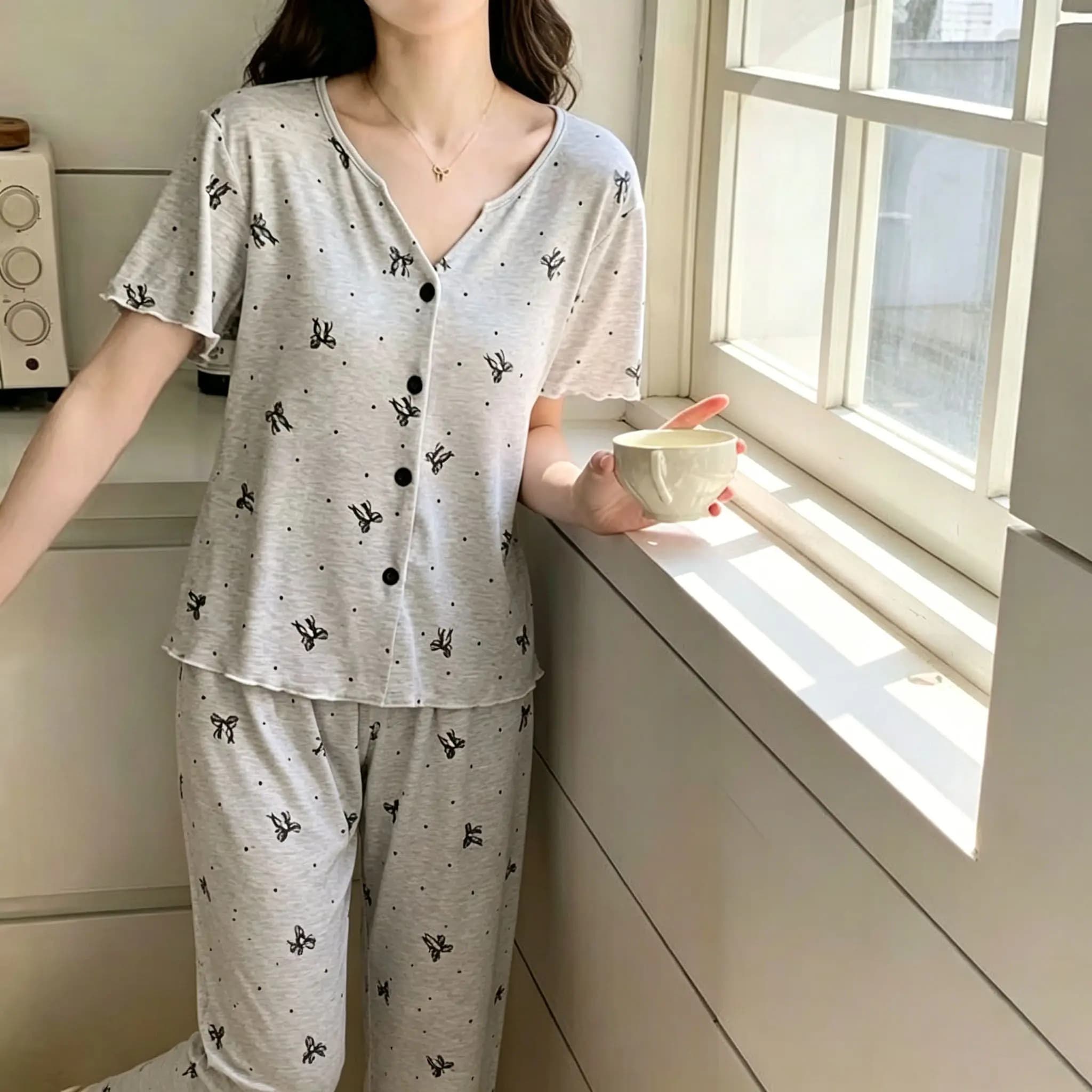 Pyjamas d'été pour femmes, manches courtes et pantalon long, ensemble décontracté et confortable à m