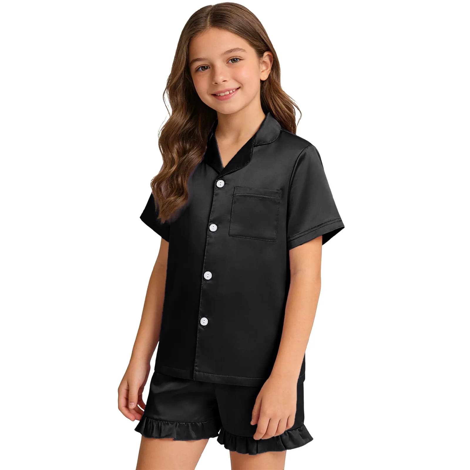 Pyjama en satin de soie pour enfants, garçons et filles, haut et short à manches courtes, boutons, p