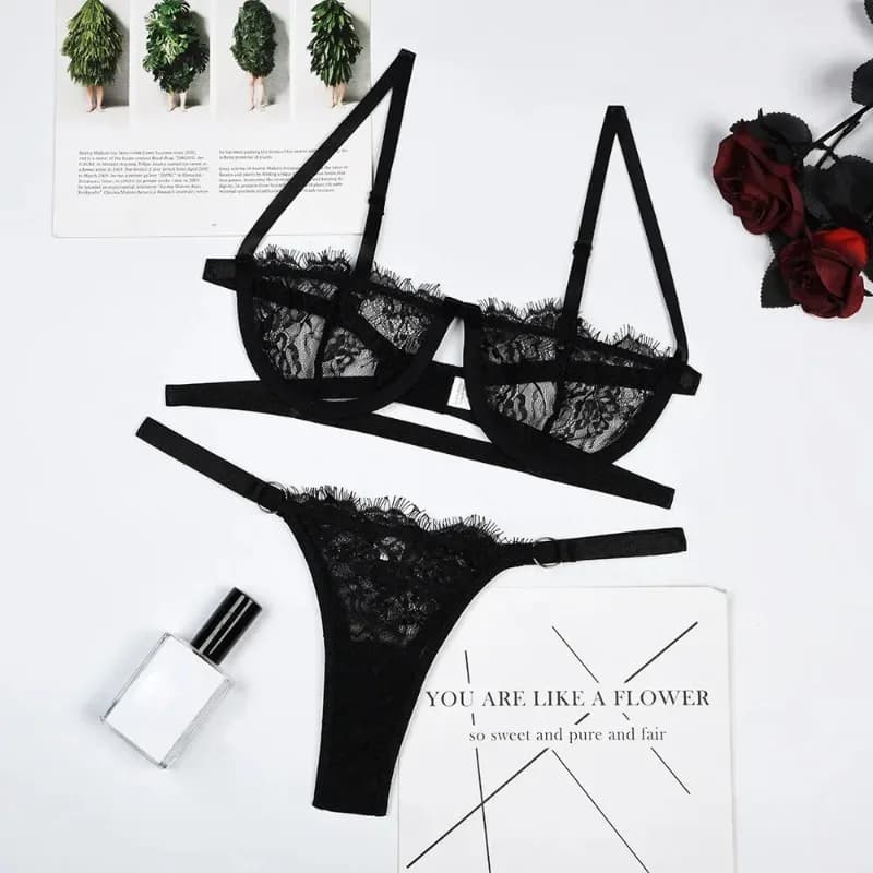 Ensemble de lingerie sexy pour femme en dentelle transparente, broderie féerique, soutien-gorge déli