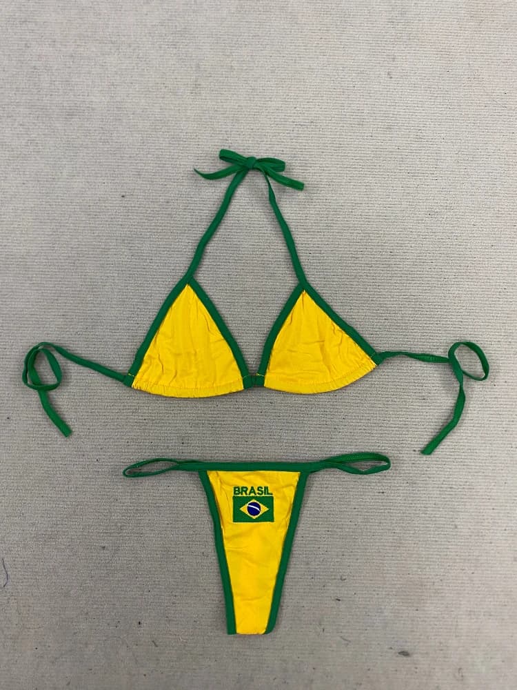Ensemble bikini imprimé drapeau du Brésil pour femme, haut triangle à nouer + bas tanga, maillot de